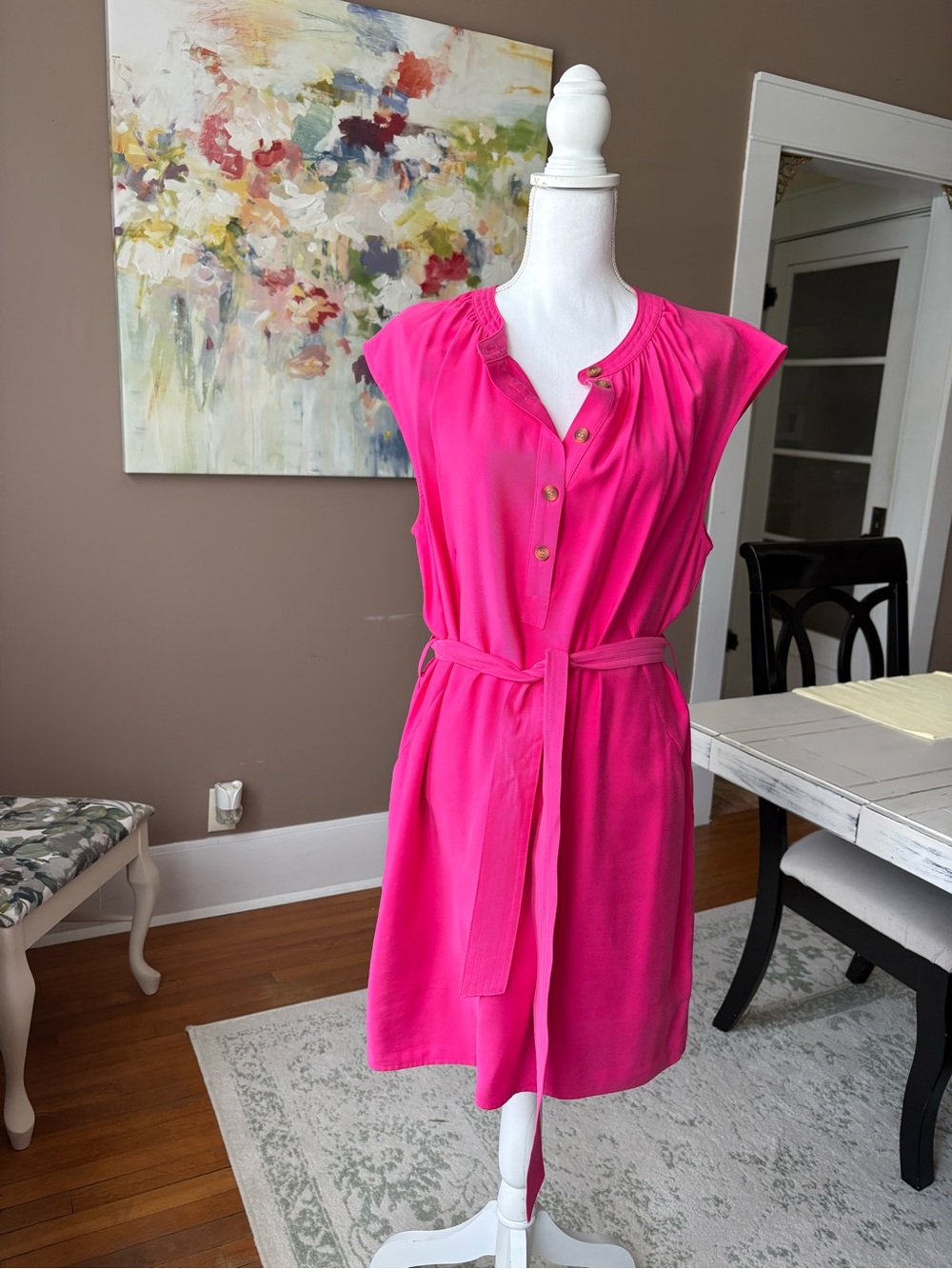 Cap-Sleeve Belted Mini Dress in Bright Pink